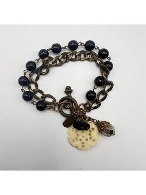 Grandmothers Buttons Bracelet Black Bead Brass Chain Charms Toggle Clasp 6.75"